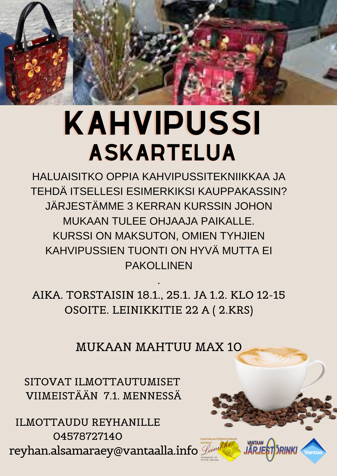 Kahvipussiaskartelua Leinikissä, ilmoittautuminen vaaditaan