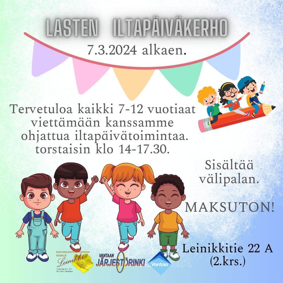 Lasten iltapäivä kerho torstaisin klo 14-17.30