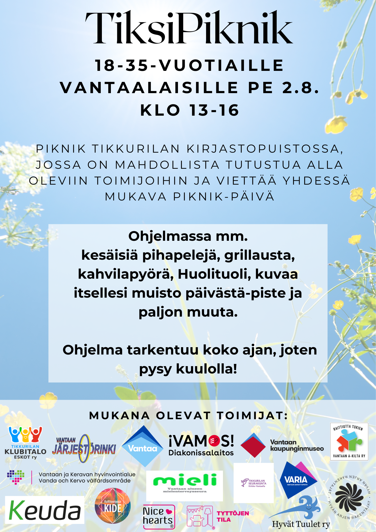 Taustalla kesäinen kuva ja alhaalla tapahtumassa mukana olevien toimijoiden logot.